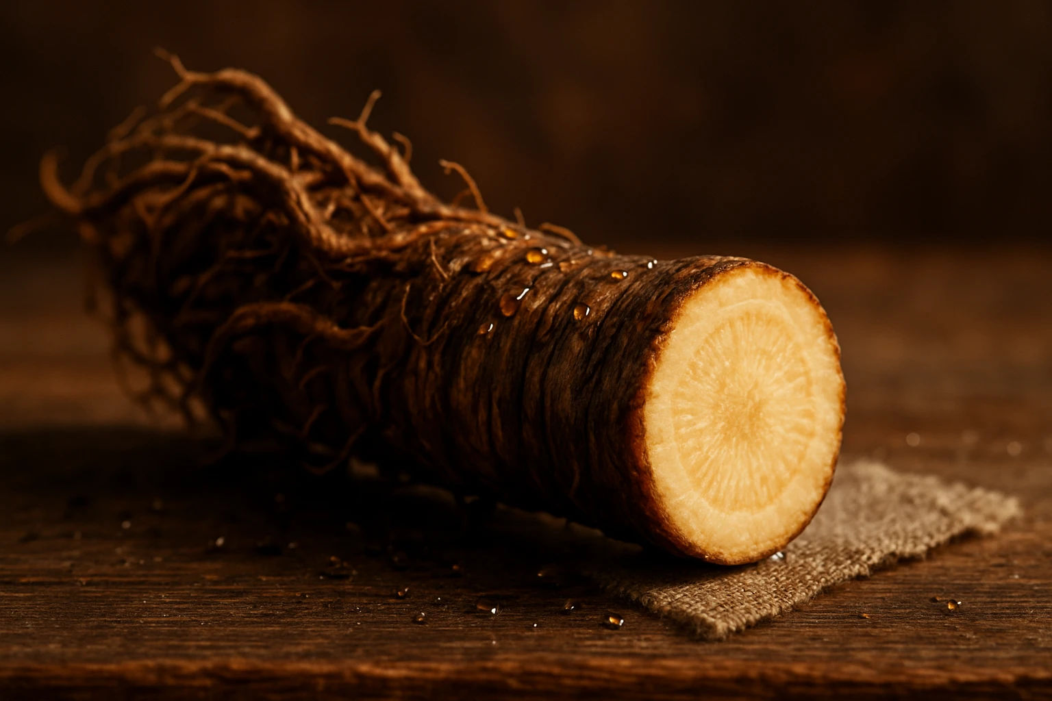 Egy friss gyökér, vágott felülettel, amelyen jól látszik a textúra.