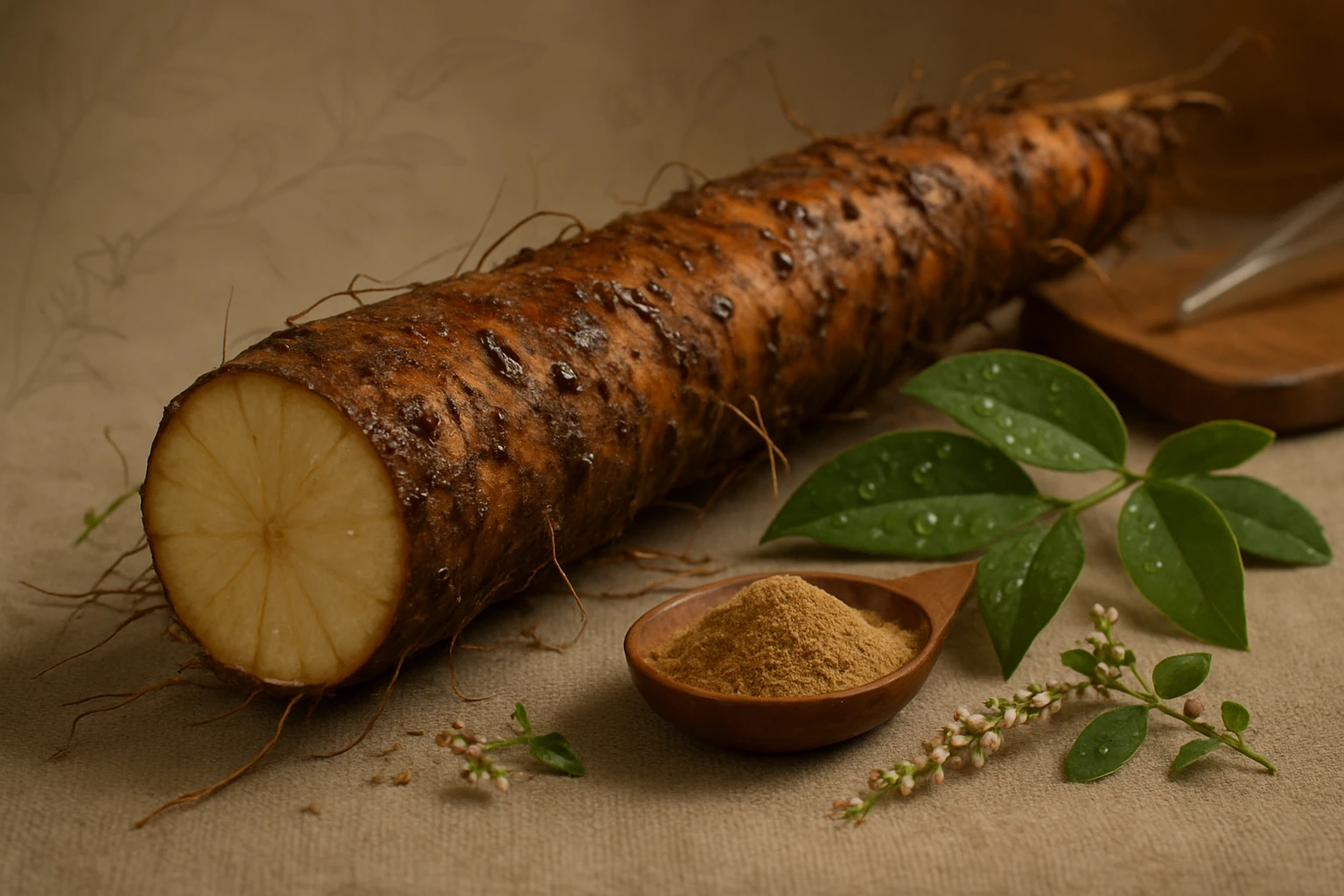 Egy friss gyökér, félbevágva, mellette fűszerpor és zöld levelek.