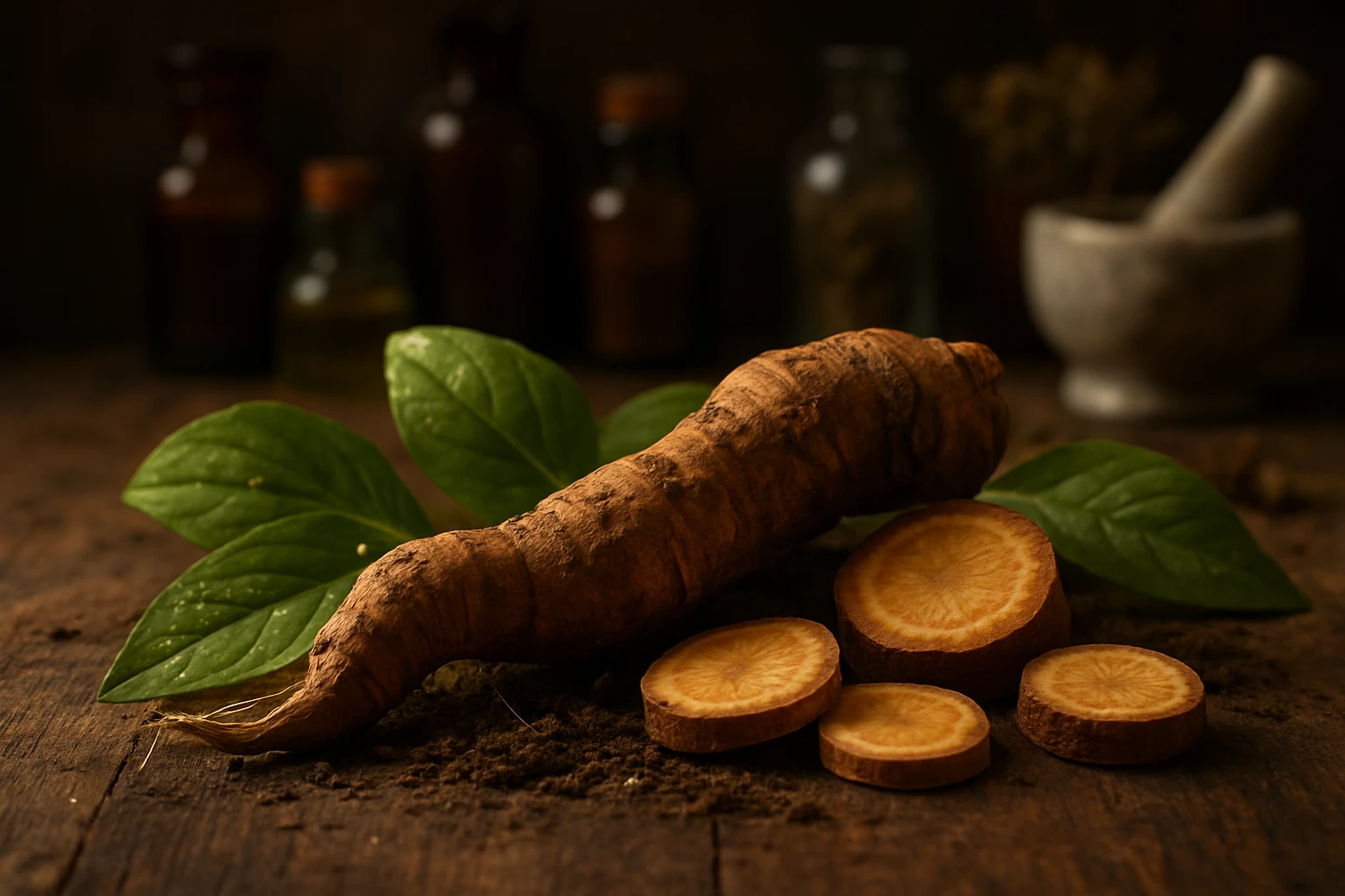 Egy friss gyökér és szeletei, zöld levelekkel, természetes háttérben.