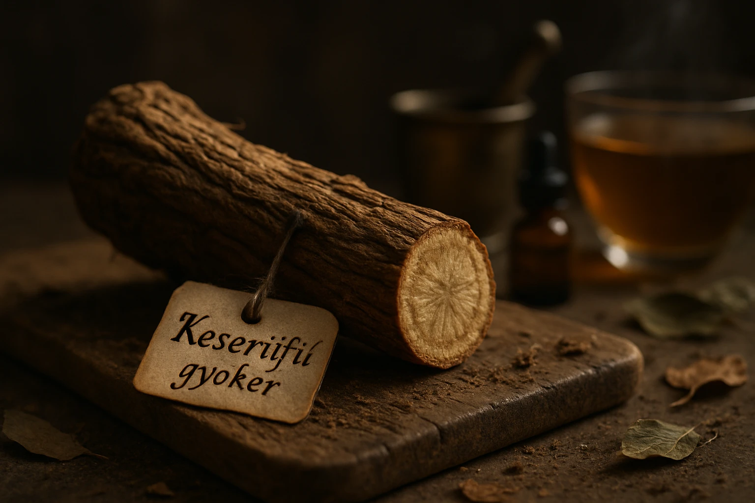 Egy keserűfű gyökér, címkével, fából készült deszkán, háttérben italokkal.