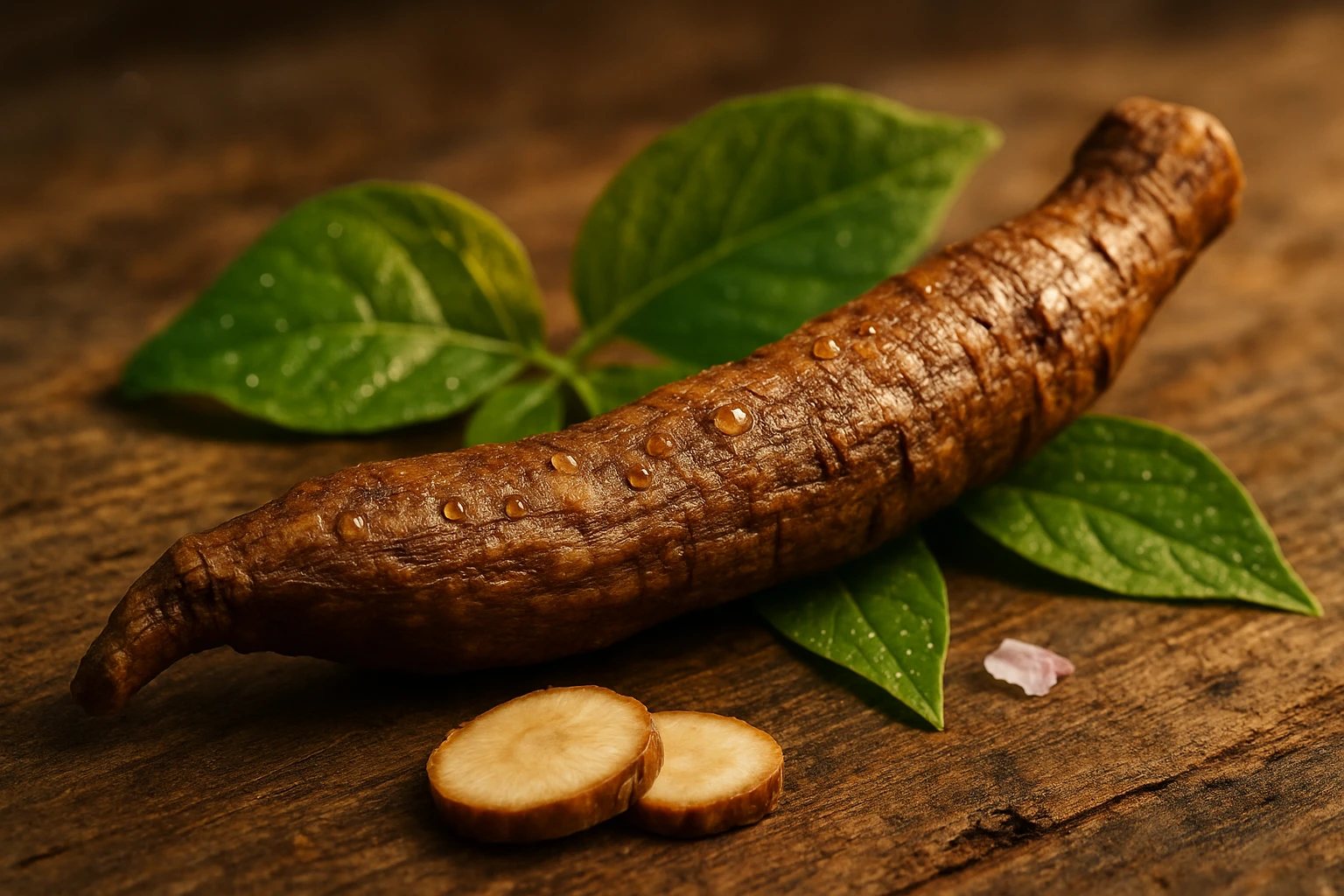 Egy barna színű gyökér, zöld leveleken, vizes cseppekkel díszítve.